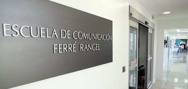 Sign outside the Ferré Rangel communications school at Sacred Heart University in Santurce, Puerto Rico.